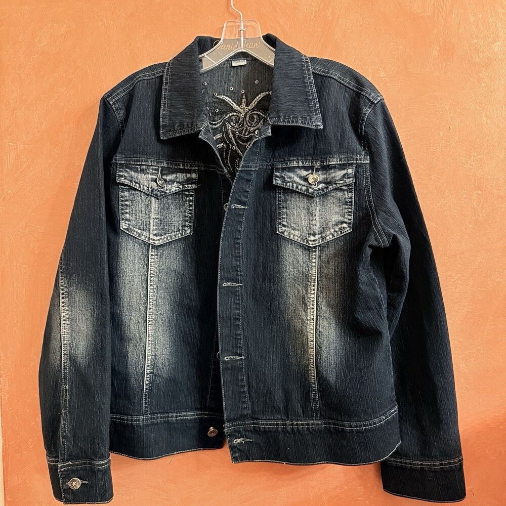 DANIEL JEANS Womens Y2K Embroidered Embellished Denim Jacket Blue READ